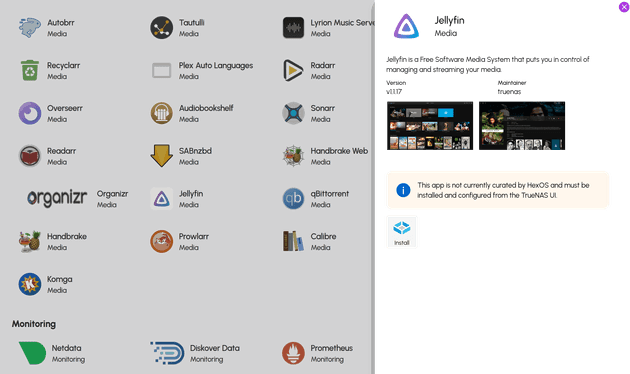 HexOS does not support Jellyfin at the moment